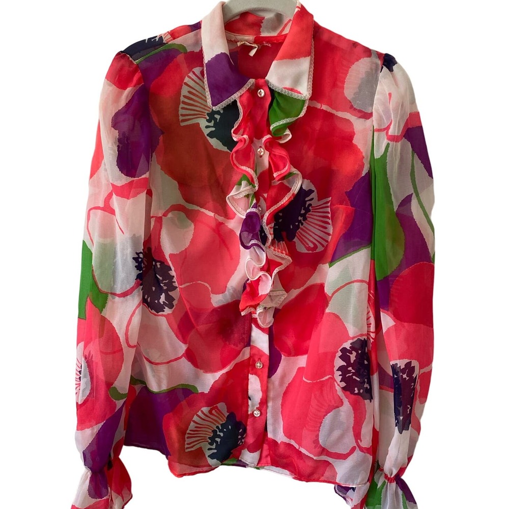 Kamehameha Women's Blouse Vintage 1960's Beautiful Button Long Sleeve Size Small